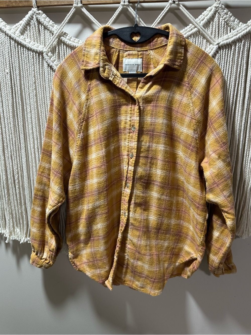 American Eagle Outfitters Yellow and Pink Plaid Button-Down Shirt